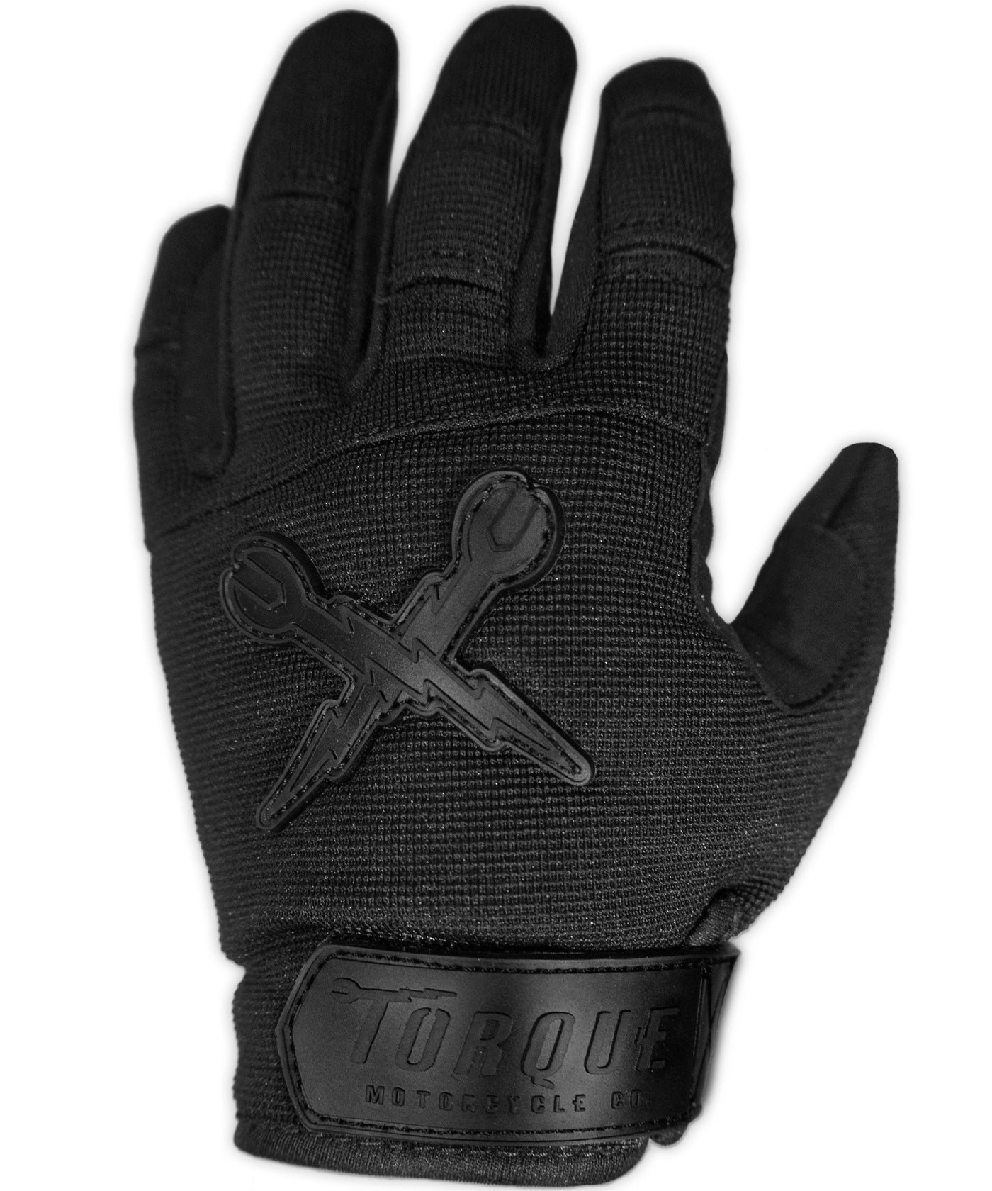 Back side of moto gloves with Torque logo