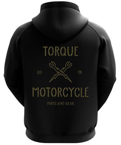 Back view of black hoodie.  Cotton/Poly blend.  Textured material.  Torque Motorcycle logo in big bold print.
