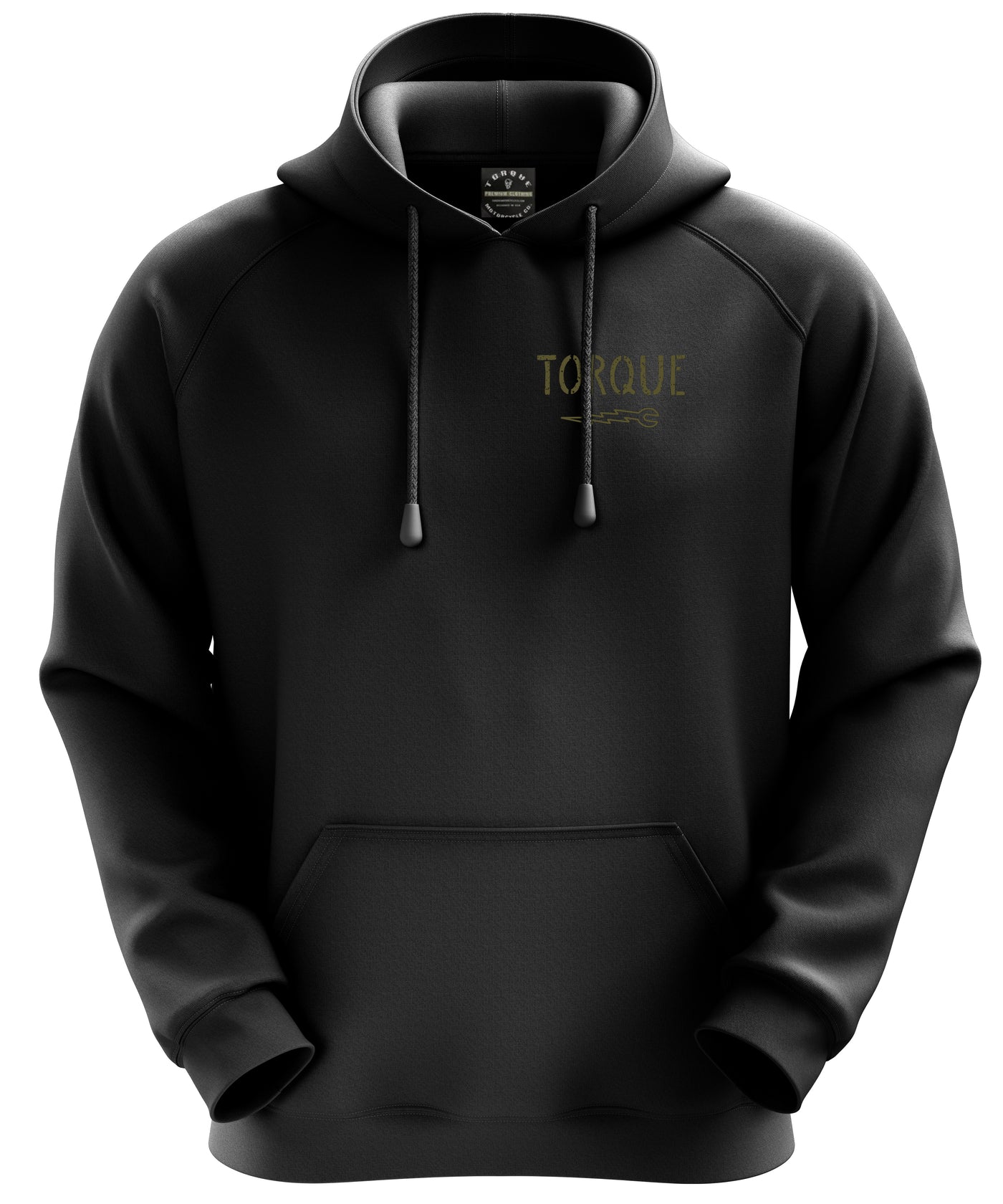 Product photo: Black hoodie with ribbed texture.  Torque logo on left breast.