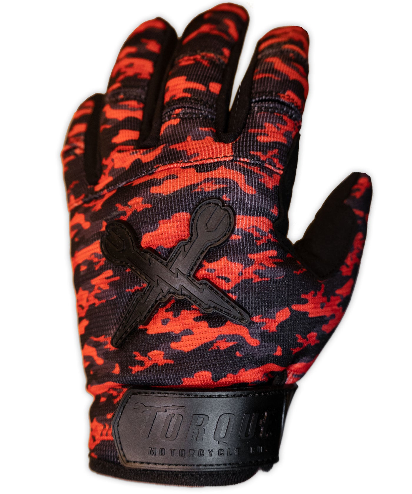 back view of moto gloves with red camo pattern.  Torque logo on back as well.